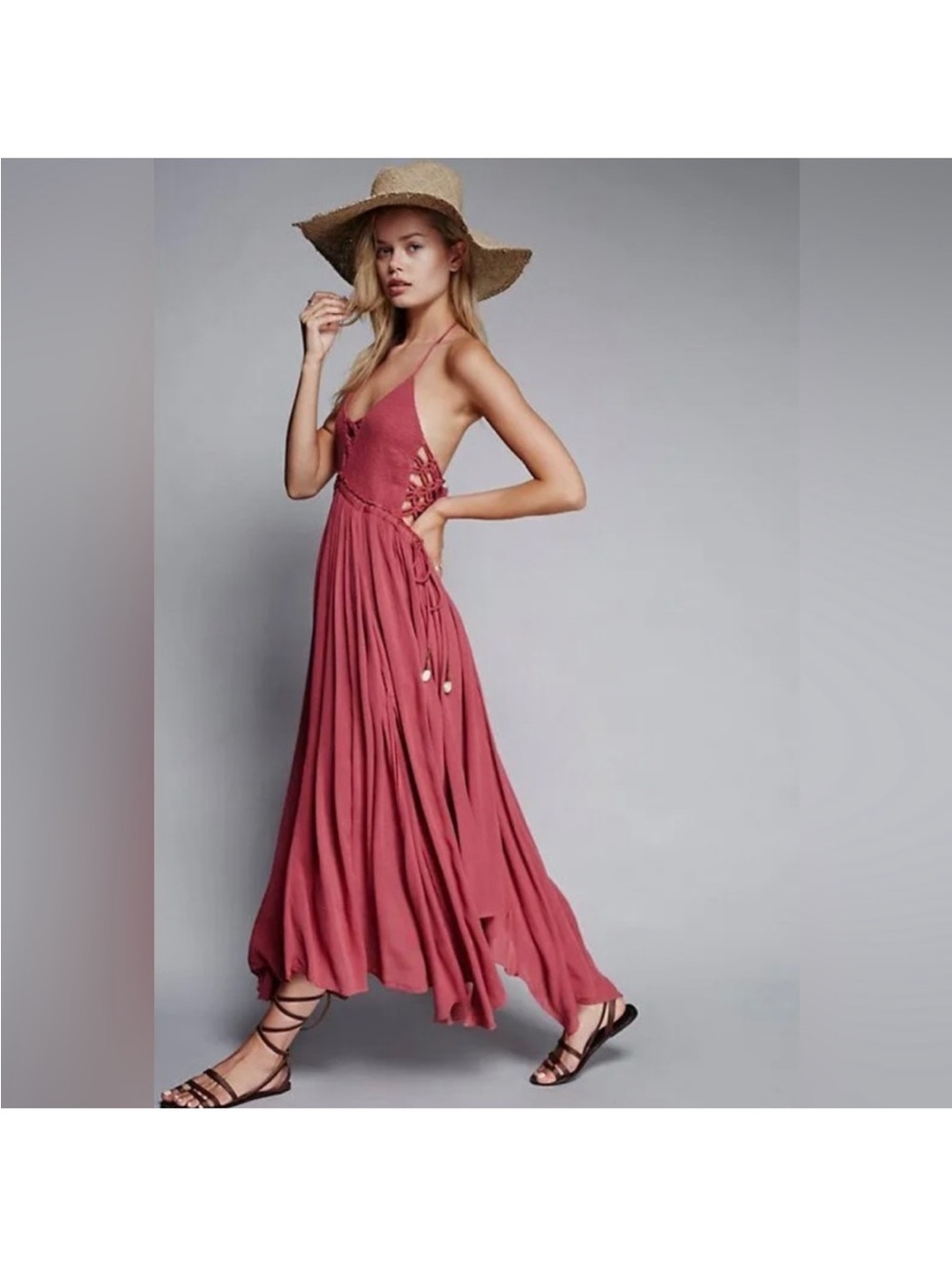 Free People coconuts all day Lace up maxi dress Dusty Rose